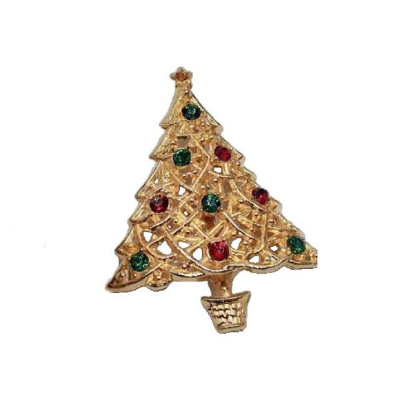 Vintage Jewelry - Vintage Crystal Christmas Tree Brooch Pin, 2.5" L